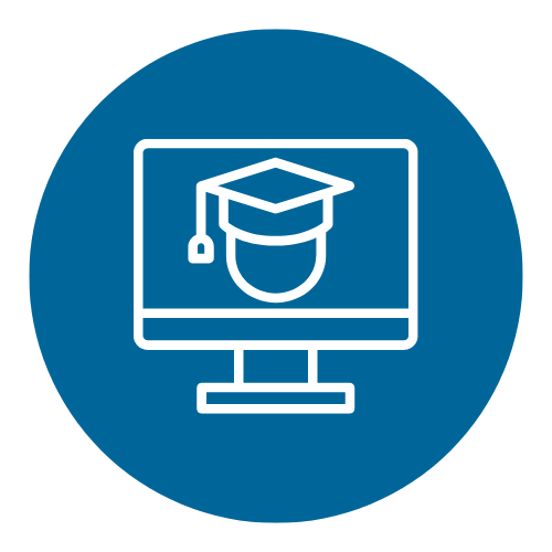 Icon with scholar inside a computer screen to direct users to pre-recroded QuickBooks Training courses 